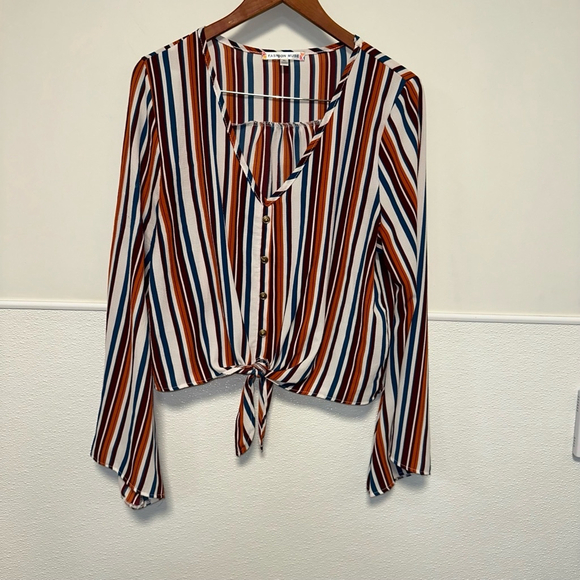 Women's Fashion Muse Blouse, XL, Multicolor Stripes Long Sleeve Tie Bottim - Picture 1 of 9